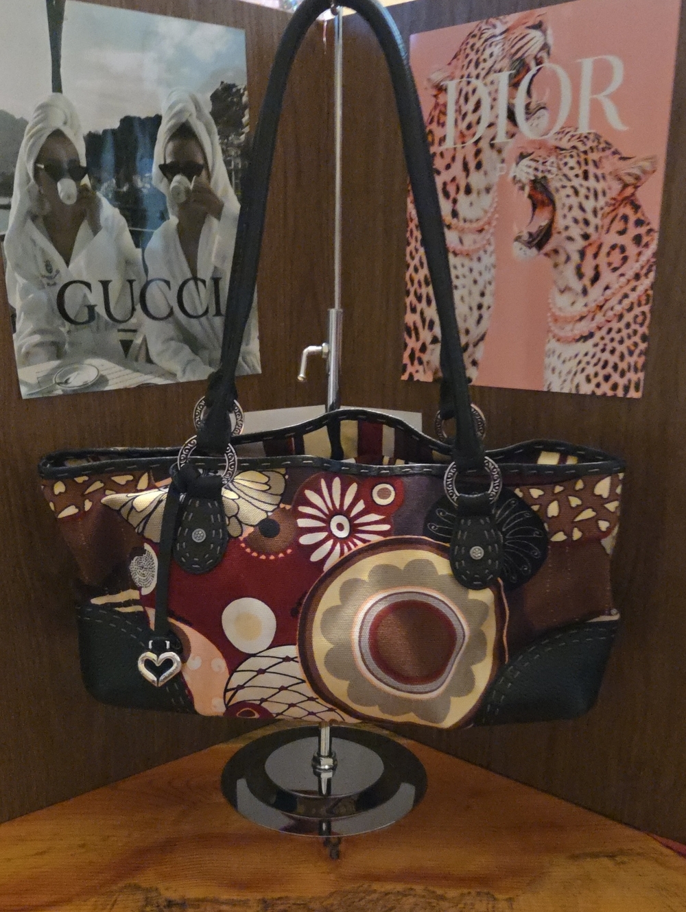 Q2BRIGHTON- Stylish Floral-Pattern Shoulder Bag in Brown and Red